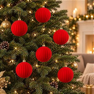Bolas de Natal em Tubo - Vermelho - Veludo e Gomo - 8cm - 6 unidades - Cromus - Rizzo