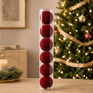 Bolas de Natal em Tubo - Borgonha - Veludo, Lisa e Gomo - 8cm - 6 unidades - Cromus - Rizzo