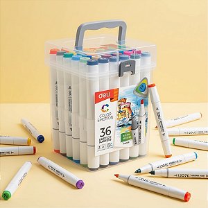 Kit Canetinhas Marcador para Colorir com Estojo - 36 Cores - Ponta Bullet 1mm e Cinzel 6,5mm - 1 unidade - Deli - Rizzo