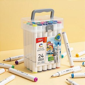 Kit Canetinhas Marcador para Colorir com Estojo - 24 Cores - Ponta Bullet 1mm e Cinzel 6,5mm - 1 unidade - Deli - Rizzo