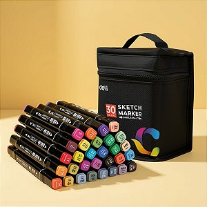 Kit Canetinhas Marcador para Colorir com Estojo - 30 Cores - Ponta Bullet 1mm e Chanfrada 6mm - 1 unidade - Deli - Rizzo