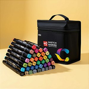 Kit Canetinhas Marcador para Colorir com Estojo - 40 Cores - Ponta Bullet 1mm e Chanfrada 6mm - 1 unidade - Deli - Rizzo