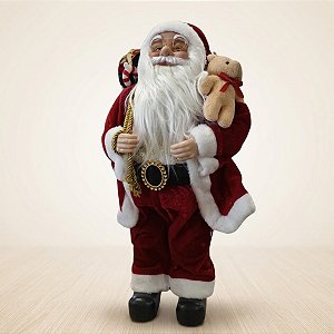 Papai Noel Decorativo em Pé com Saco de Presentes e Urso - Vermelho e Dourado - 45cm - RZO01902 - 1 unidade - Rizzo