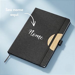 Caderno de Anotações em Tecido e Bambu Personalizado com Nome - Preto - 21,5x14,5cm - 1 unidade - Rizzo