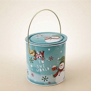 Lata de Natal de Metal com Alça - Boneco de Neve Azul  - 11x11,5x11cm - 1 unidade - Rizzo