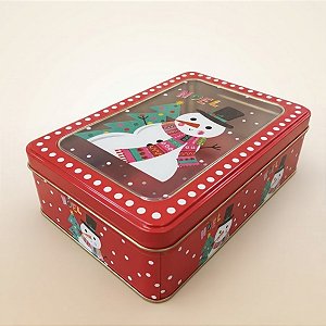 Lata de Natal de Metal com Visor - Vermelha Boneco de Neve Noel - 13x19x6cm - 1 unidade - Rizzo