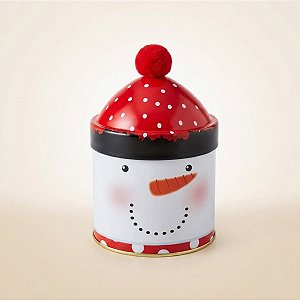 Lata de Metal de Natal Redonda - Boneco de Neve com Gorro e Pompom - 9x15x9cm - 1 unidade - Rizzo