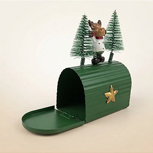 Enfeite Decorativo De Natal - Mini Caixa de Correio Rena com Árvores - Verde - 5,5x9x13cm - 1 unidade - Rizzo