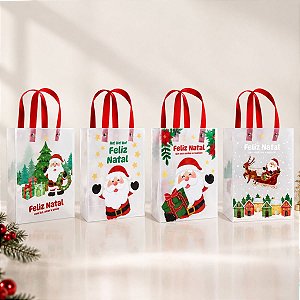 Sacola Transparente Fosca Com Alça de Fibra Vermelho - 4 Estampas Natalinas - 15x20cm - 12 unidades - Rizzo