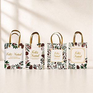 Sacola Transparente Fosca Com Alça de Fibra Bege - 4 Estampas Natalinas - 20x25cm - 12 unidades - Rizzo
