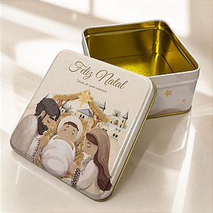 Lata de Metal de Natal - União de Quem Amamos Sagrada Família - Bege - 12x11cm - 1 unidade - Rizzo