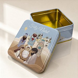 Lata de Metal de Natal - Feliz Natal Reis Magos - Azul Claro - 12x11cm - 1 unidade - Rizzo