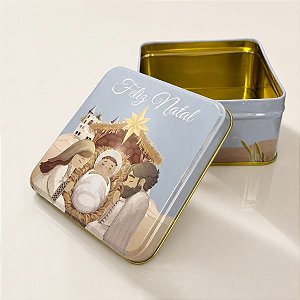 Lata de Metal de Natal - Feliz Natal Sagrada Família - Azul Claro - 12x11cm - 1 unidade - Rizzo