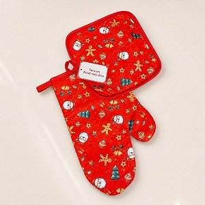 Kit Luva e Pegador Cozinha - Natal - Vermelha - 25x17cm - 1 unidade - Rizzo