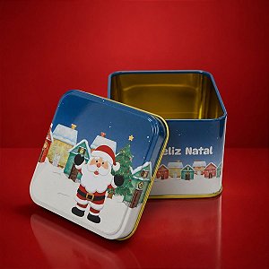 Lata de Metal de Natal - Feliz Natal - Branco e Azul - 8x8x6,3cm - 1 unidade - Rizzo