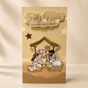 Cartão de Natal 3D - União, Paz e Alegria - Bege - 21,5cm - 1 unidade - Rizzo