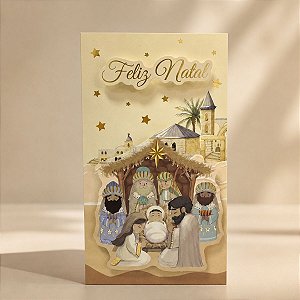 Cartão de Natal 3D - Feliz Natal Nascimento de Jesus - Bege - 21,5cm - 1 unidade - Rizzo