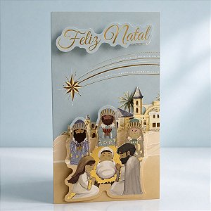 Cartão de Natal 3D - Feliz Natal Reis Magos - Azul Bebê - 21,5cm - 1 unidade - Rizzo