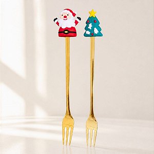 Kit Garfos Para Sobremesa de Natal - Árvore de Natal e Papai Noel - 17cm - 2 unidades - Rizzo