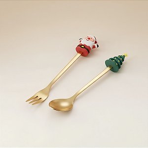 Kit Colher e Garfo para Sobremesa de Natal - Papai Noel e Árvore - 17cm - 2 unidades - Rizzo