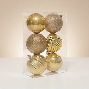 Bola de Natal - Ouro - Gomo, Glitter e Lisa - 8cm - 6 unidades - Cromus - Rizzo