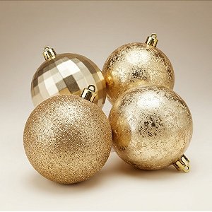 Bola de Natal - Ouro - Glitter, Texturizada e Espelhada - 10cm - 4 unidades - Cromus - Rizzo