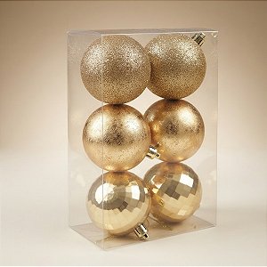 Bola de Natal - Ouro - Glitter, Texturizada e Espelhada - 8cm - 6 unidades - Cromus - Rizzo