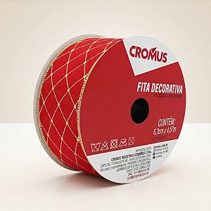 Fita Aramada Decorativa de Natal - Losango - Vermelho, Branco e Ouro -  6,3cmx4,57m - 1 unidade - Cromus - Rizzo