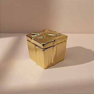 Pote Decorativo Quadrado em Cerâmica - Caixa de Presente - Ouro - 6,5x6cm - 1 unidade - Cromus - Rizzo