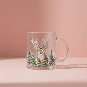 Caneca de Vidro de Natal - Rena e Pinheiros - 500ml - 1 unidade - Cromus - Rizzo