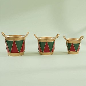 Cachepot com Alça Triagular Decorativo de Natal - Ouro, Vermelho e Verde - P/M/G - 3 unidades - Cromus - Rizzo