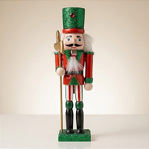 Soldado de Chumbo de Madeira com Lança - 18cm - Chapéu Verde Glitter e Roupa Vermelha - 1 unidade - Rizzo