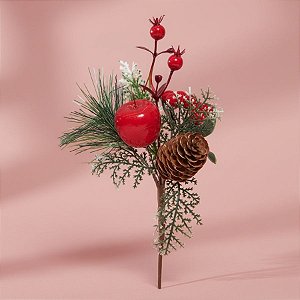 Galho Decorativo de Natal - Com Pinha e Folhas - Verde, Vermelho e Branco - 25x13,5cm - 1 unidade - Cromus - Rizzo