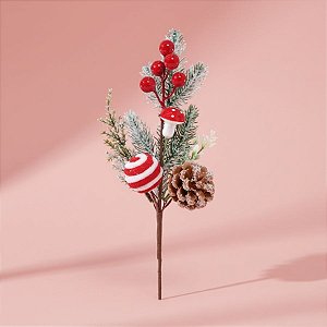 Galho Decorativo de Natal - Com Pinha e Cogumelo - Verde, Vermelho e Branco - 31x13cm - 1 unidade - Cromus - Rizzo