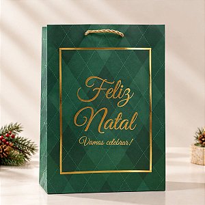 Sacola de Papel de Natal - Feliz Natal Vamos Celebrar - Verde - 27cm  - 1 unidade - Rizzo