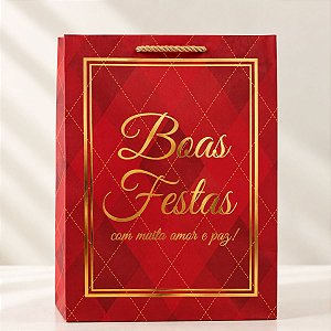 Sacola de Papel de Natal - Boas Festas - Amor e Paz - Vermelha - 27cm  - 1 unidade - Rizzo