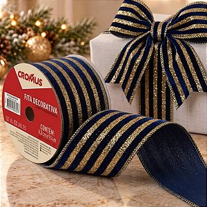 Fita Aramada Decorativa de Natal - Azul Escuro com Listras Douradas - 6,3cm x 9,14m - 1 unidade - Cromus - Rizzo