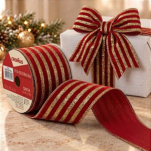 Fita Aramada Decorativa de Natal - Vermelho com Listras Douradas - 6,3cm x 9,14m - 1 unidade - Cromus - Rizzo