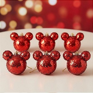 Bola de Natal - Mickey - Glitter Flocado Vermelho - 6cm - Disney Original - 6 unidades - Cromus - Rizzo