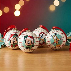 Bola de Natal - Mickey Mouse - Xadrez Branco - 8cm - Disney Original - 4 unidades - Cromus - Rizzo