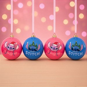Bola de Natal - Stitch e Angel - 8cm - Disney Original - 4 unidades - Cromus - Rizzo