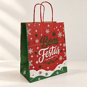 Sacola de Papel Kraft de Natal - Boas Festas - 20x15x25cm - Ref.3623 - 10 unidades - Rizzo