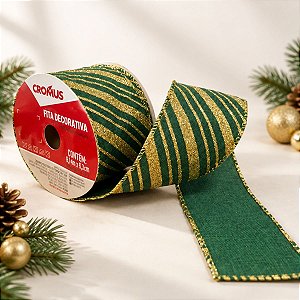 Fita Aramada Decorativa de Natal - Verde e Ouro com Listras e Glitter - 6,3cmx9,14m - 1 unidade - Cromus - Rizzo
