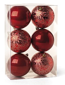 Kit Bolas Texturizadas Craquelada Vermelho 8cm - 06 unidades - Cromus Natal - Rizzo Embalagens