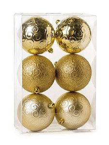 Kit Bolas Texturizadas Arabesco Ouro 8cm - 06 unidades - Cromus Natal - Rizzo Embalagens