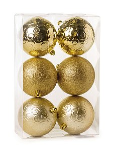 Kit Bolas Texturizadas Arabesco Ouro 10cm - 06 unidades - Cromus Natal - Rizzo Embalagens