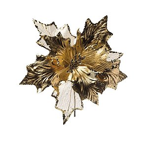 Galho Cabo Curto Poinsettia Ouro com Borda Glitter 25cm - 01 unidade - Cromus Natal - Rizzo Embalagens