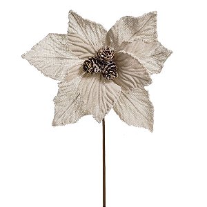 Flor Cabo Curto Poinsettia Marfim com Pinhas 35cm - 01 unidade - Cromus Natal - Rizzo Embalagens