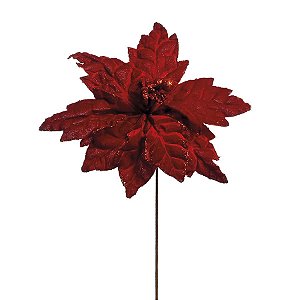 Flor Cabo Longo Poinsettia Vermelho Escuro com Borda Glitter 55cm - 01 unidade - Cromus Natal - Rizzo Embalagens