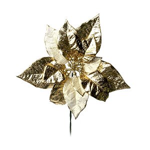 Flor Cabo Curto Poinsettia Dourado Glitter 25cm - 01 unidade - Cromus Natal - Rizzo Embalagens